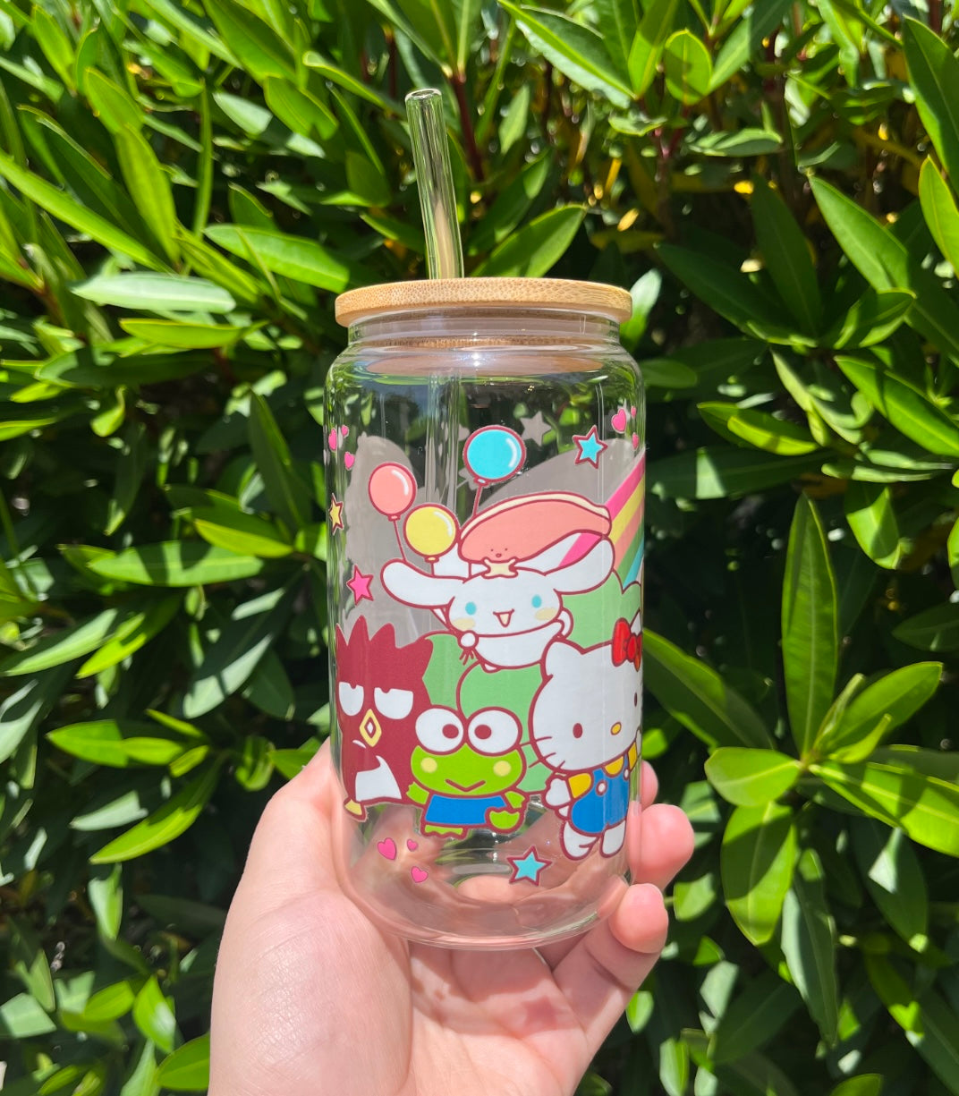 Hello Kitty Glass Cup 16oz Comes With Bamboo Lid & straw